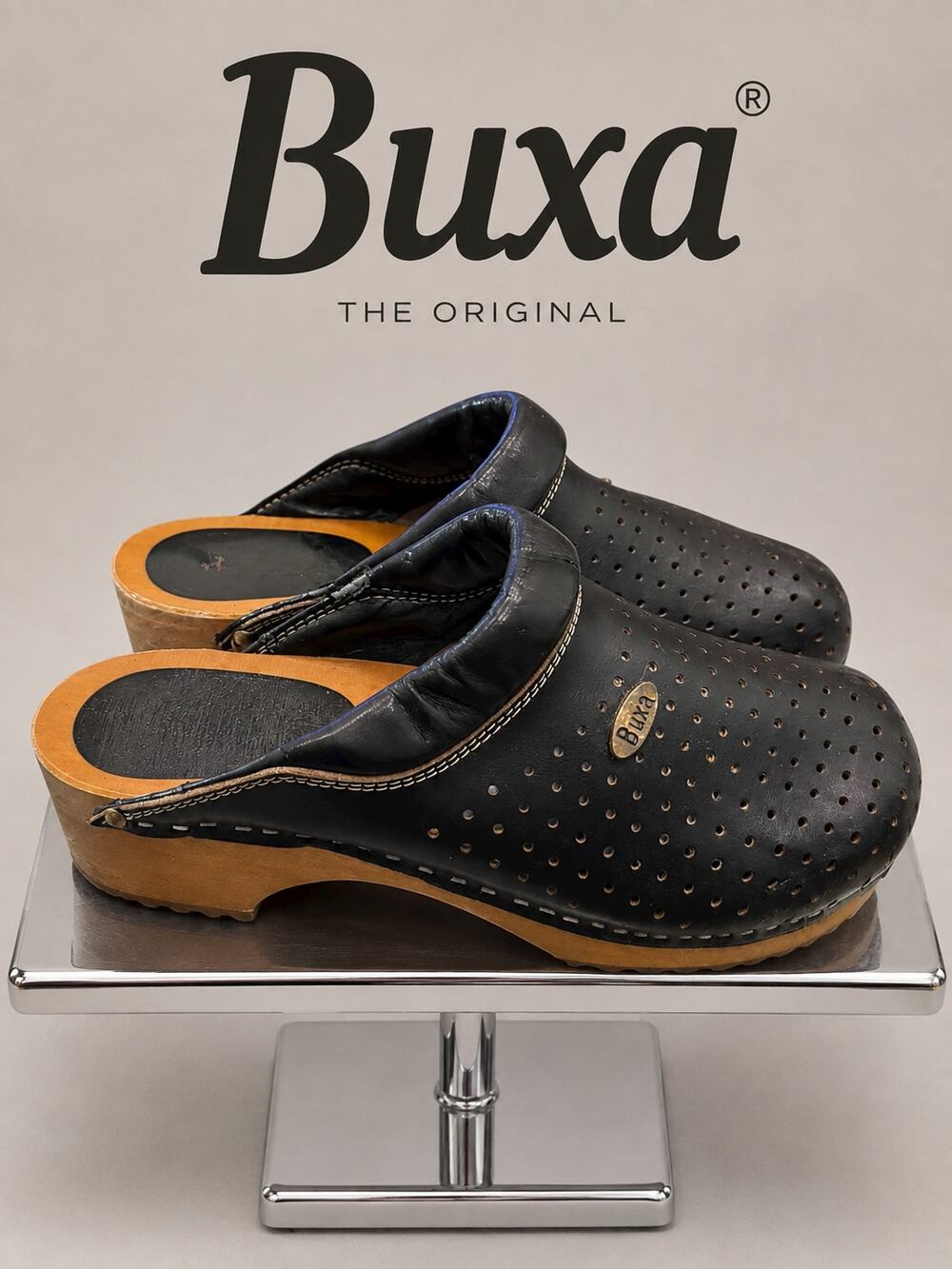 Buxa Original Black Leather Perforated Wood Wedge Clogs EU 39 US 8